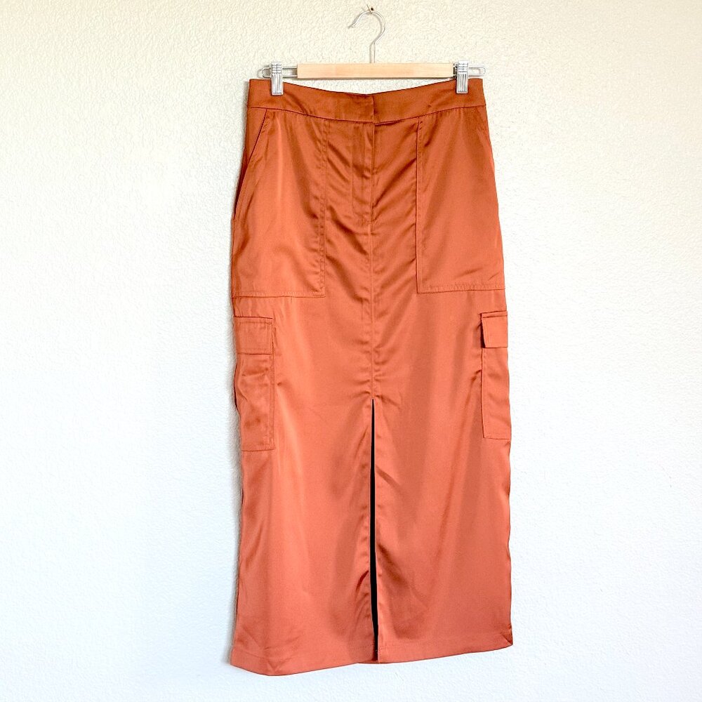 Rust Utility Satin Cargo Midi Skirt Y2K Streetwear Cyber Grunge Sz S EUC
